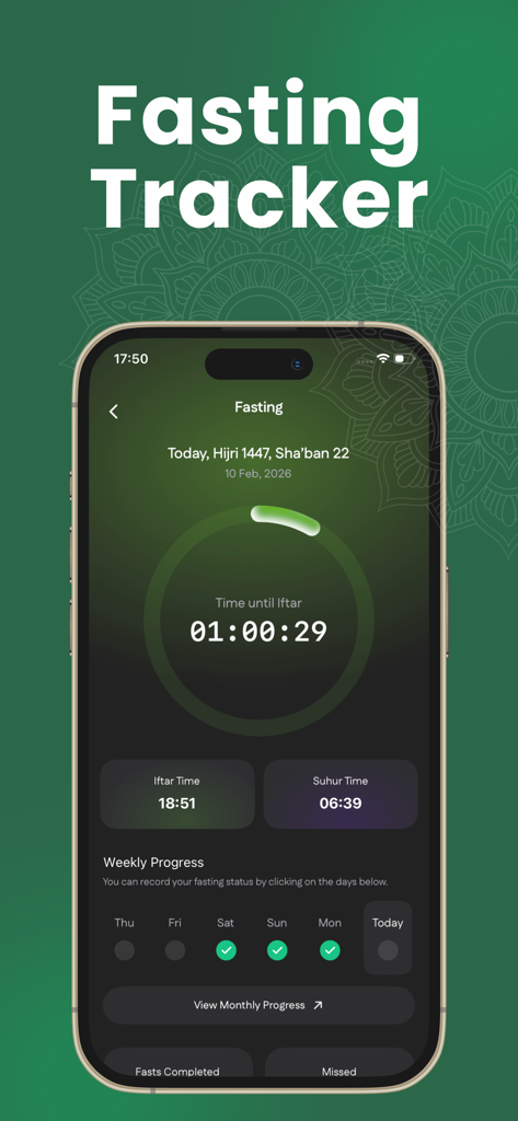 Ramadan Calendar 2026: Safa - Safa app fasting tracker screen showing countdown to Iftar and weekly progress