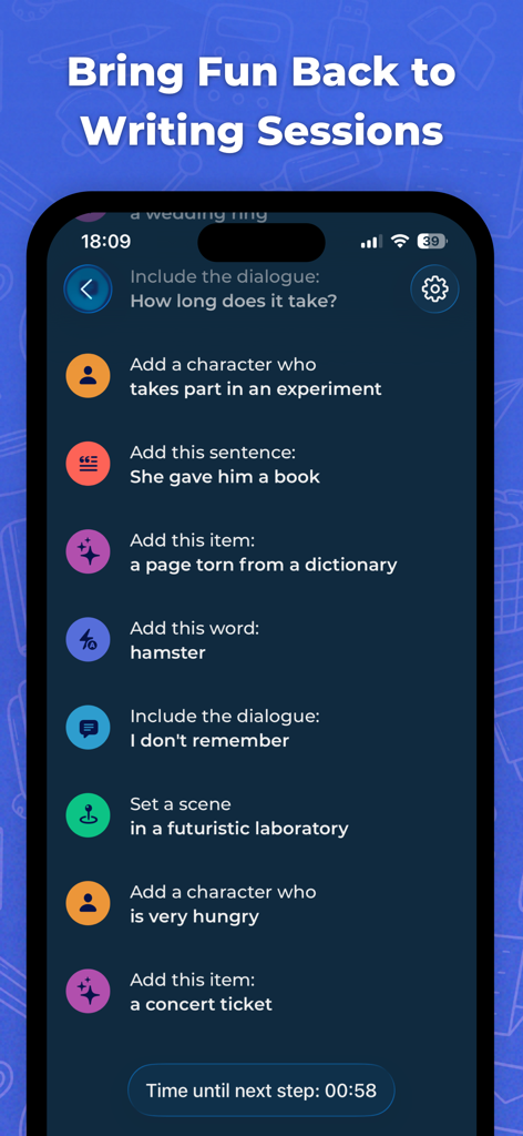 Writing Challenge - Interfaccia dell'app Writing Challenge che mostra un elenco di spunti creativi per storie e un timer.