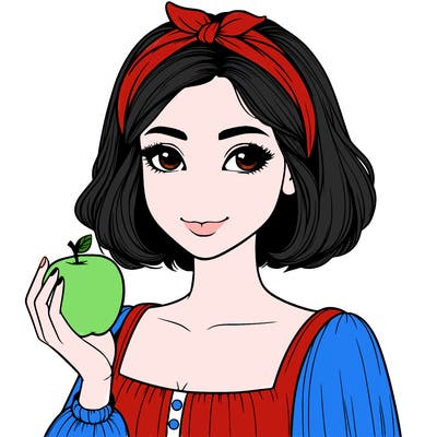 a woman with medium short hair, wearing a headband with a small bow, carrying an apple in her hand, realistic