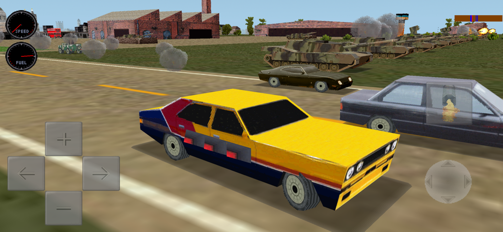 Mad Road 3D - Combat cars game - Gameplay of Mad Road 3D combat car game featuring racing cars and military tanks in the background.