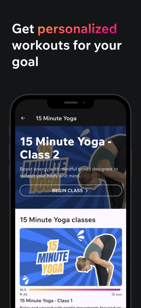 Hoola app interface showing a 15-minute yoga class for home fitness