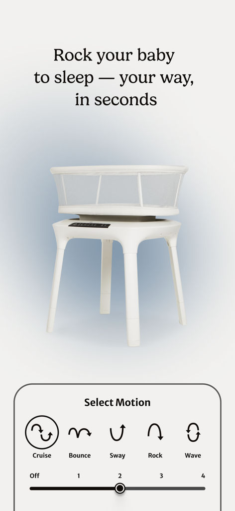 UPPAbaby Home - UPPAbaby Home app interface showing a smart bassinet with customizable motion settings like cruise, bounce, and sway