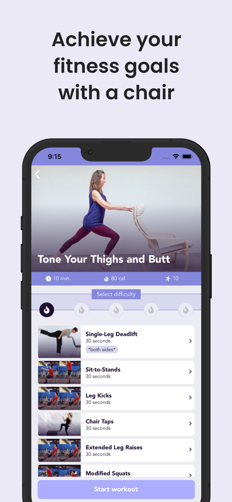 Chair Exercises & Workouts - Mobile app screen showing a chair workout routine with exercises like single-leg deadlift and modified squats.