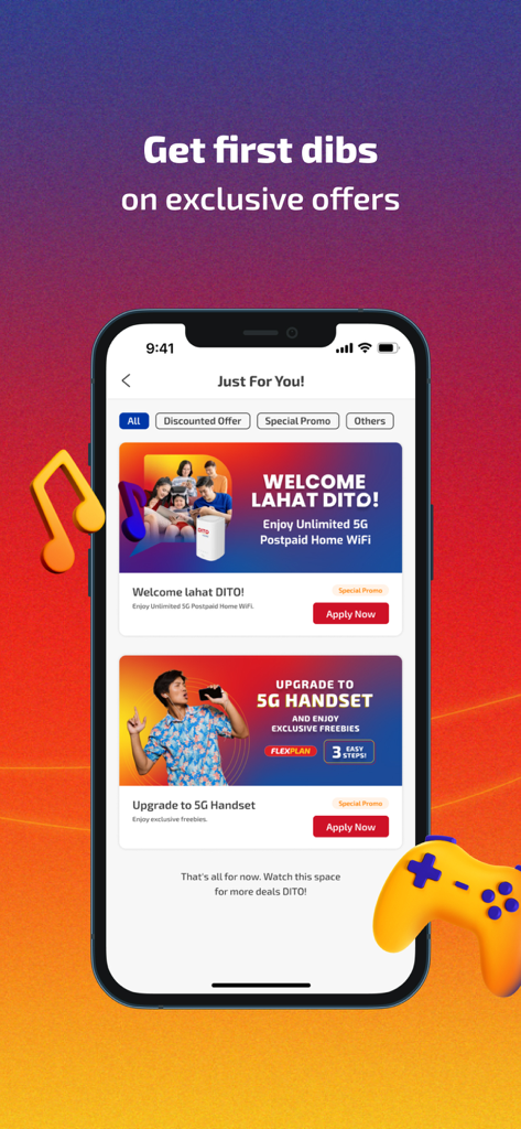 DITO app interface displaying personalized 5G home wifi and handset upgrade offers