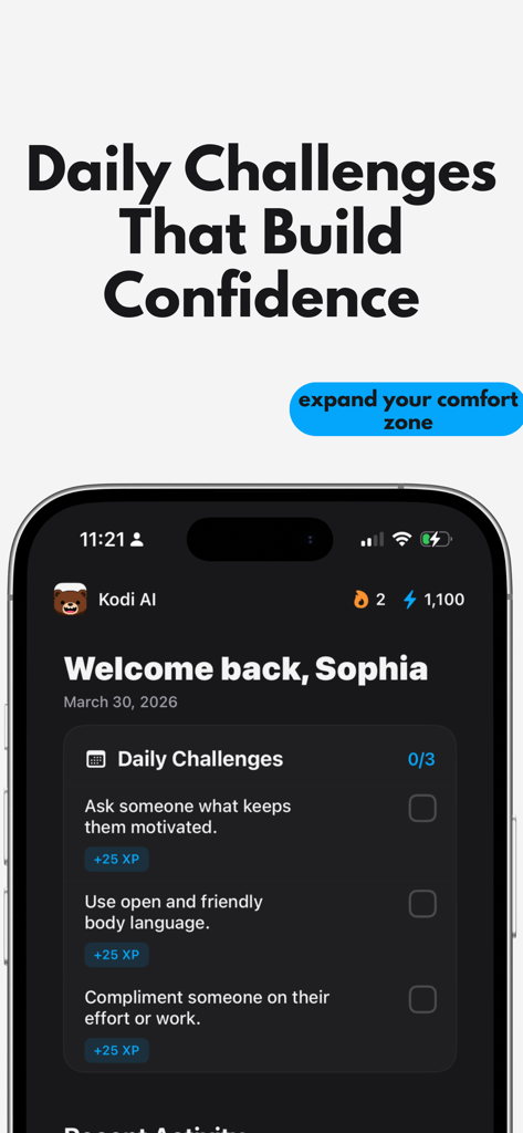 Kodi AI: Speaking Coach - Kodi AI app interface showing daily social challenges and gamified speaking goals for building confidence.