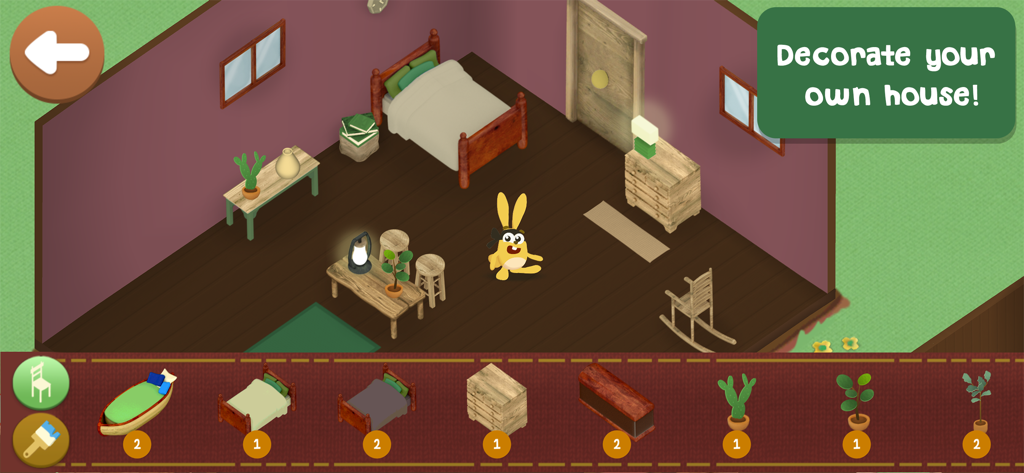 A screen from Grow Forest showing a cartoon rabbit in a room being decorated with furniture and plants.