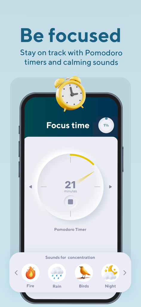 Interface du minuteur de concentration Pomodoro de l'application Splitti avec des sons d'ambiance pour la concentration