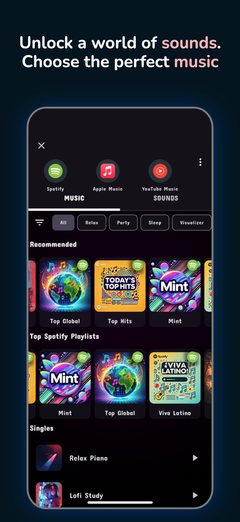 Color Lights Flashing - Music integration screen of the Color Lights Flashing app showing Spotify and Apple Music playlists.