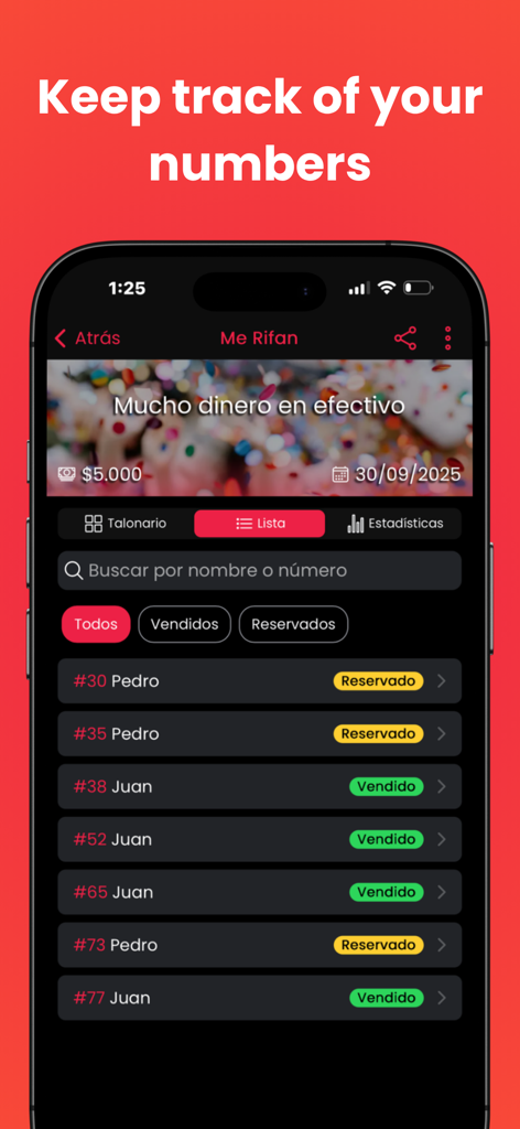 Me Rifan - Una interfaz móvil de la aplicación Me Rifan que muestra una lista de números de rifa con etiquetas de estado de vendido y reservado para los participantes