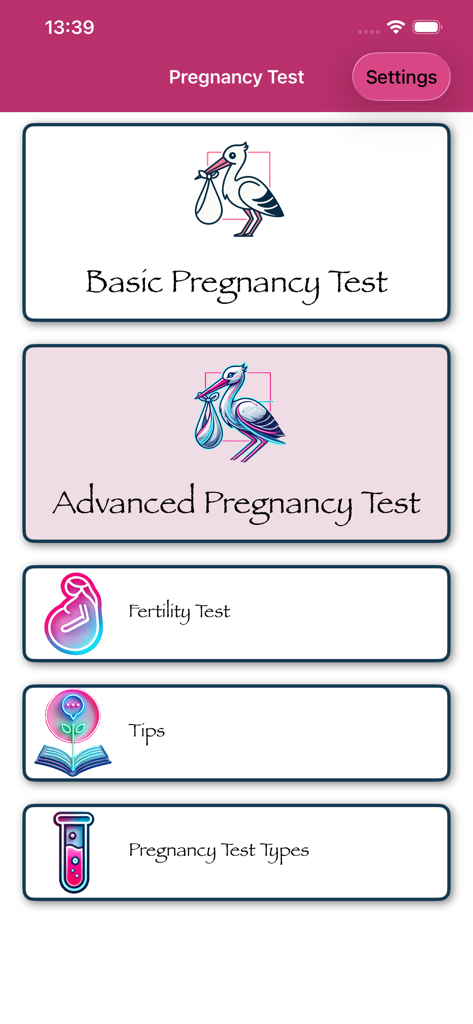 Pregnancy Test Quiz & Checker - Menú principal de la aplicación Cuestionario y Comprobador de Prueba de Embarazo con opciones para pruebas de embarazo básicas y avanzadas