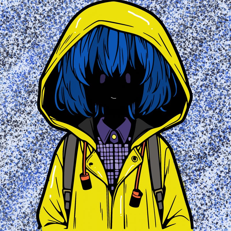 little anime girl in a raincoat her hair is covering her eyes she has a lighter