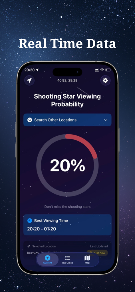Shooting Star & Meteor Shower - Real-time shooting star viewing probability and best viewing time on FallingStar app screen