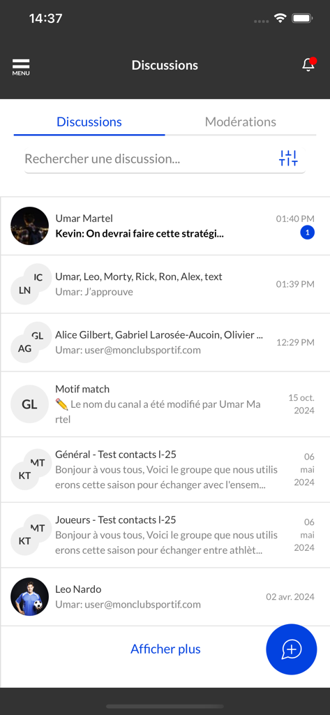 MonClubSportif - Ein Screenshot der MonClubSportif App, der die Diskussionsanschnittstelle mit verschiedenen Team-Nachrichten-Threads und einer Suchleiste zeigt.