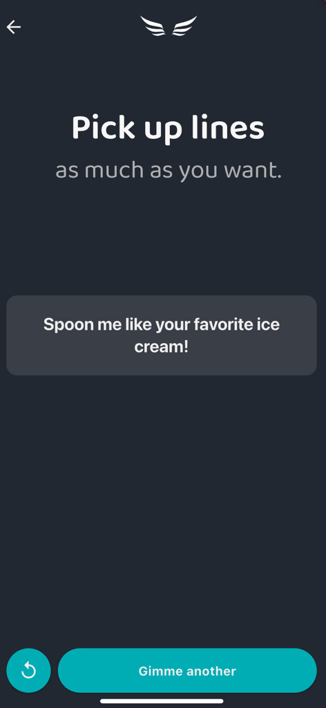 Wingman AI: Texting Guide - Interface de Wingman AI montrant une phrase d'accroche ludique sur la crème glacée avec un bouton pour en générer d'autres.