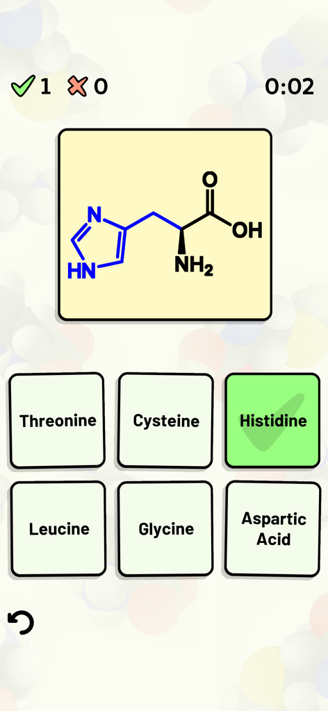 Amino Acid Quiz - Mobile app quiz screen asking to identify the chemical structure of Histidine with multiple choice options.