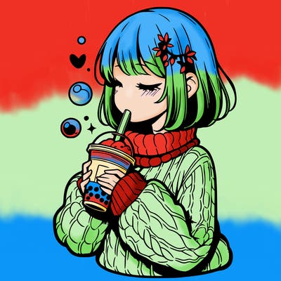 manga girl drinking boba in cozy sweater