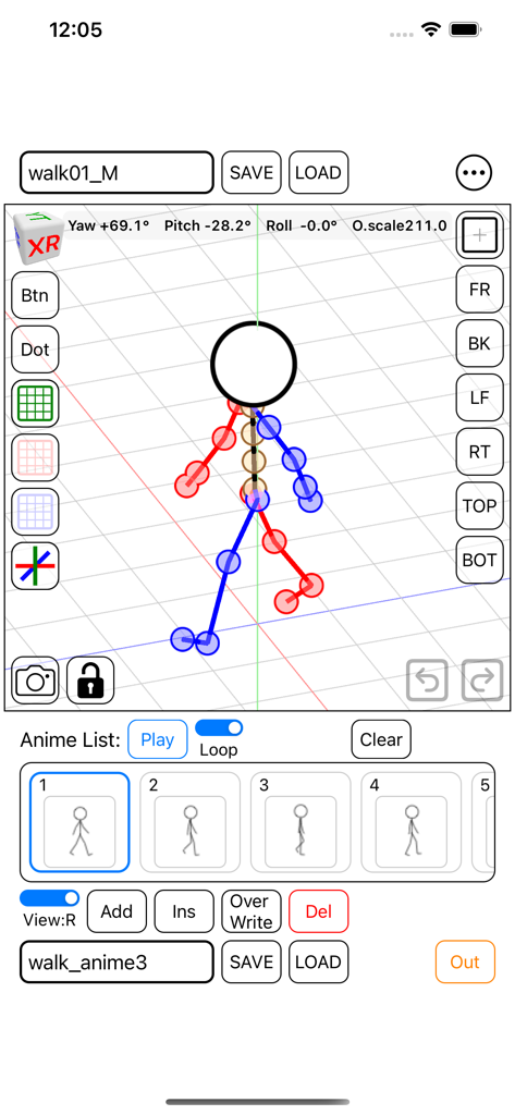 Stick Figure 3D Pose - Interfaccia dell'app Stick Figure 3D Pose che mostra una sequenza di animazione di camminata con fotogrammi chiave