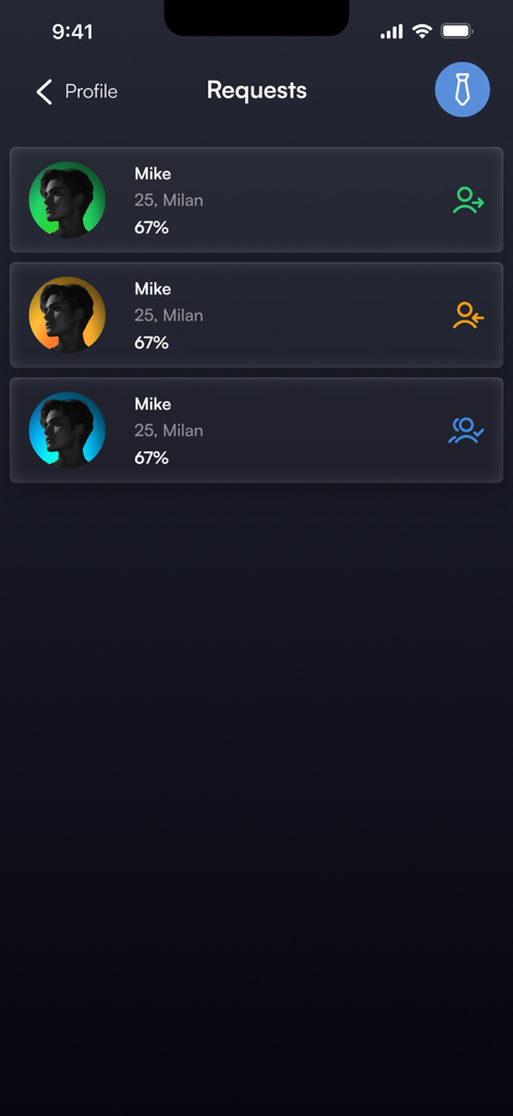 Matchful app interface showing a list of dating requests with names, locations, and compatibility percentages.