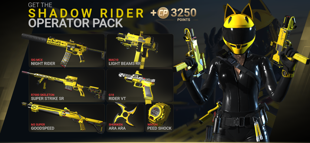 Combat Master Mobile - Pacchetto Operatore Shadow Rider con skin per armi gialle e un personaggio con un casco con orecchie da gatto