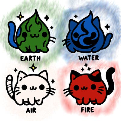 4 cats that represent the different elements, earth, water, air, and fire