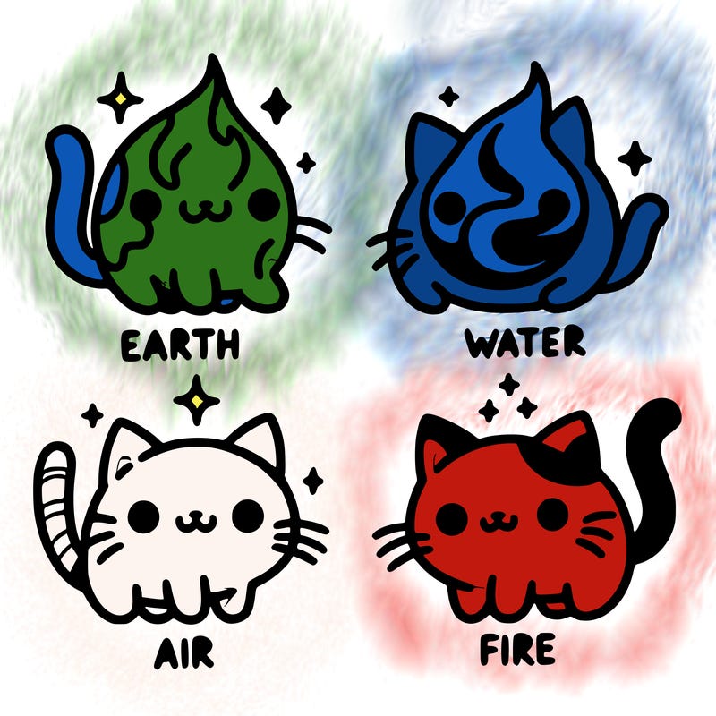 4 cats that represent the different elements, earth, water, air, and fire