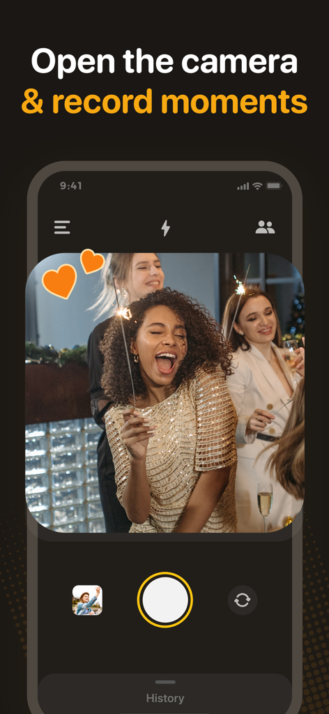 Live Pic Widget app camera interface showing friends capturing a fun moment with heart reactions
