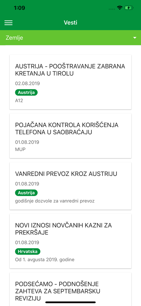 PumedTrans - PumedTrans app news feed showing international transport regulations and logistics updates