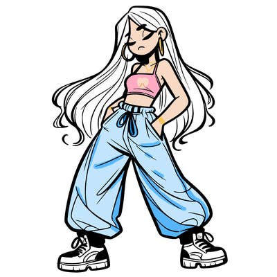 girl in baggy pants crop top and long hair