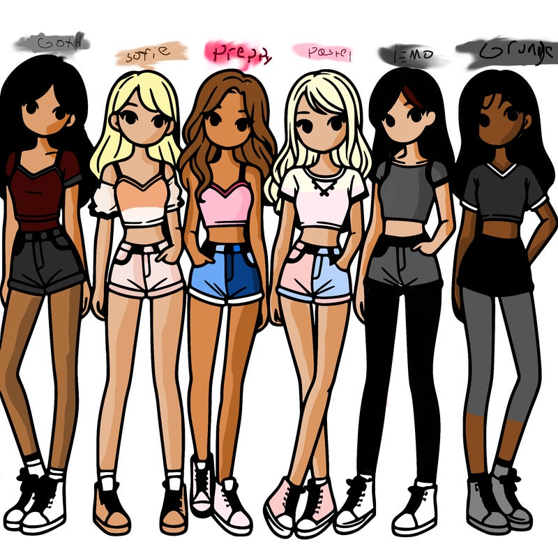 a group of girls wearing crop tops and shorts