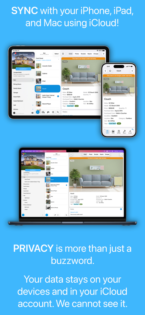 Interfaz de la aplicación de inventario del hogar Under My Roof en iPhone, iPad y Mac resaltando la sincronización de iCloud y la privacidad de datos.