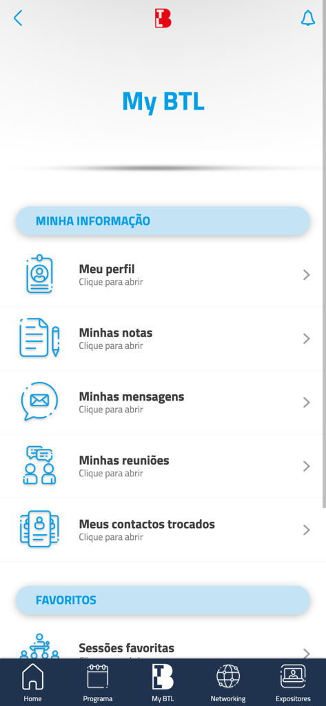 BTL 2026 - Persönlicher Dashboard-Bildschirm der BTL 2026 App mit Benutzerprofil und Networking-Tools für Veranstaltungen