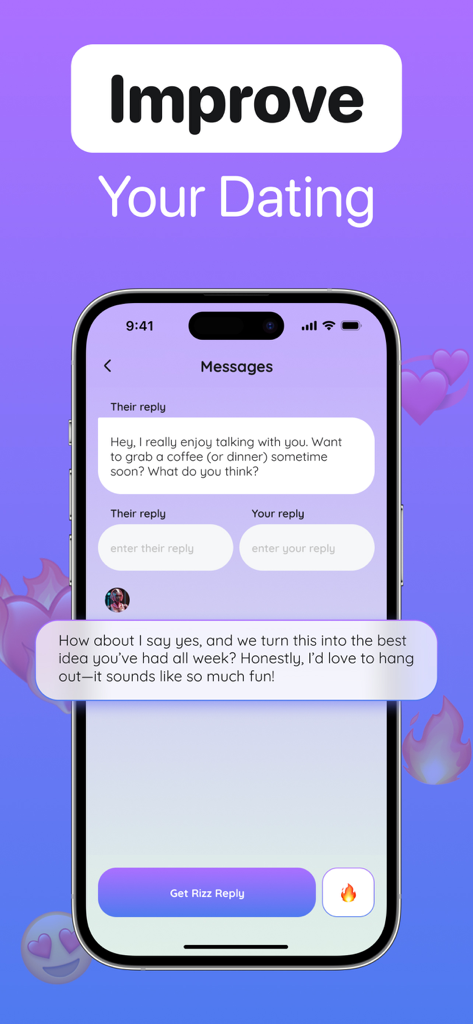 Rizz AI Talk: Dating Assistant - Smartphone showing the Rizz AI Talk app generating a witty chat reply for a dating conversation