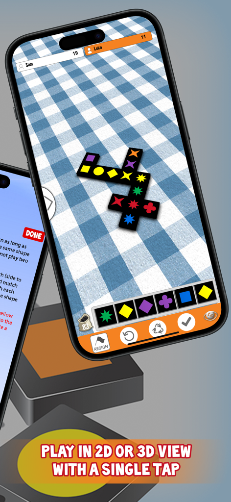 Qwirkle - A game of Qwirkle being played on a mobile device showing the tile board and the option to switch between 2D and 3D views.