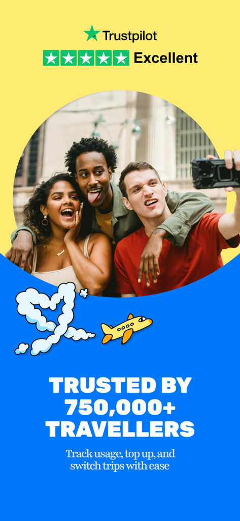 Simify eSIMs: Travel Connected - Trois jeunes voyageurs heureux prenant un selfie avec une note Trustpilot excellente et le texte indiquant la confiance de plus de 750 000 voyageurs