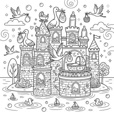 Celebrate new beginnings with this enchanting Water Castle Baby Shower coloring page. It's a whimsical blend of fairytale castles and sweet nursery delights, perfect for expecting parents.