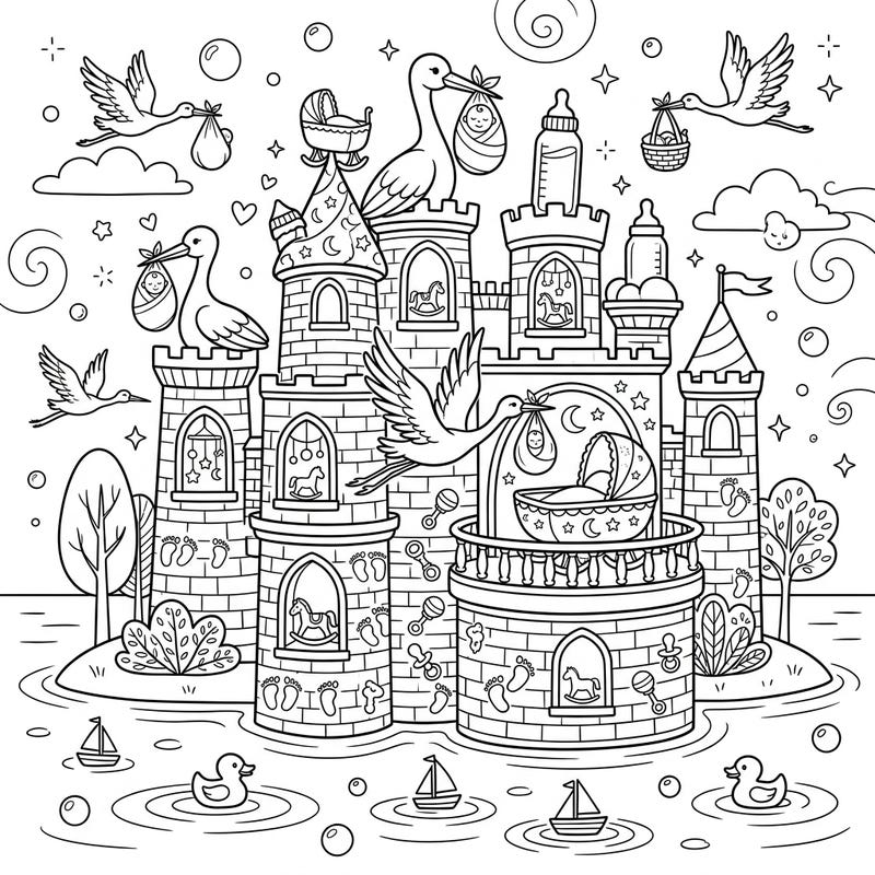 Celebrate new beginnings with this enchanting Water Castle Baby Shower coloring page. It's a whimsical blend of fairytale castles and sweet nursery delights, perfect for expecting parents.