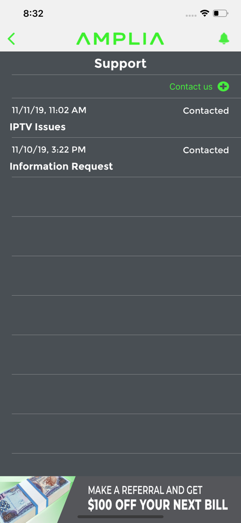 AMPLIA 4U - Support screen in the Amplia 4U app showing a history of contacted service requests and a referral offer.