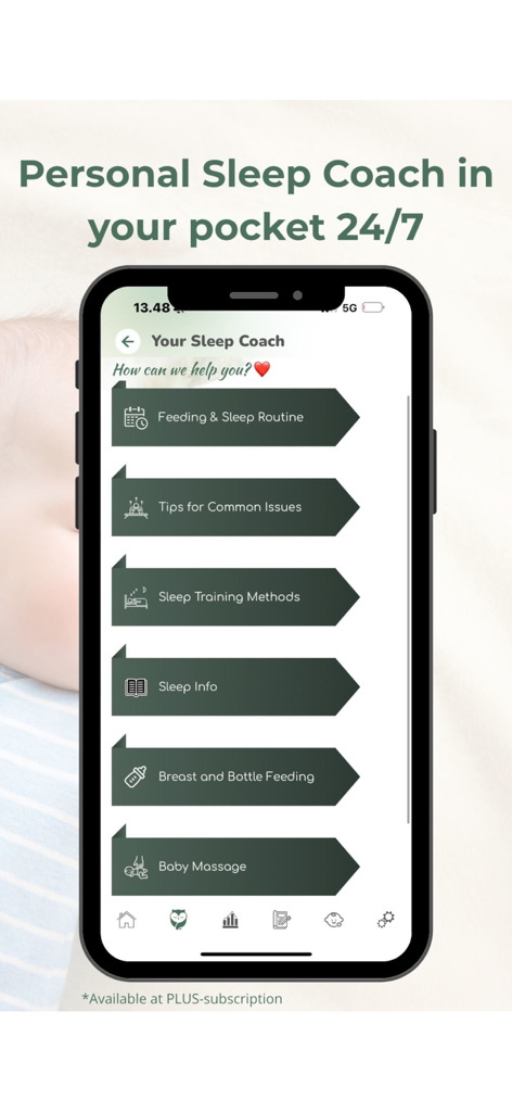 iZzzleep – Baby Sleep Coach - Mobile phone screen showing the iZzzleep app sleep coach interface with options for sleep training and feeding routines