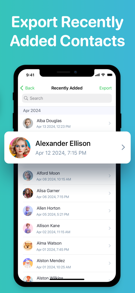 A screen showing the list of recently added contacts within the Export Contacts to Excel app interface