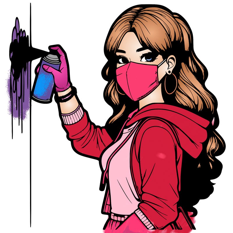 realistic girl with mask spray painting a wall