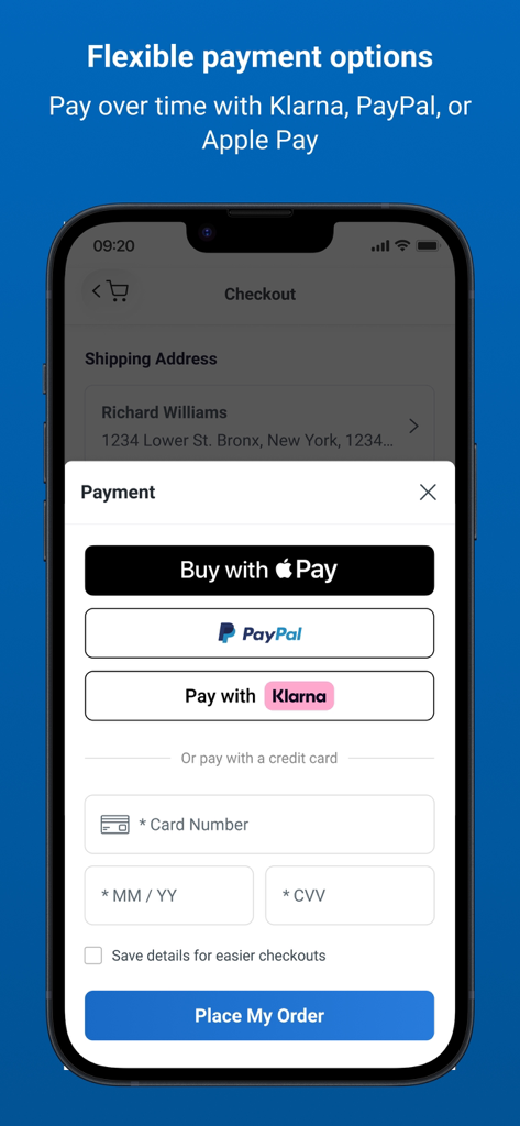 Checkout-Bildschirm mit Zahlungsoptionen für Apple Pay, PayPal und Klarna in der GlassesUSA-App.