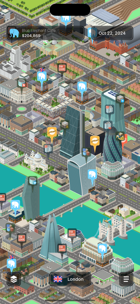 Coffee Inc 2 - An isometric city map of London in the Coffee Inc 2 game showing cafe locations and available real estate for lease