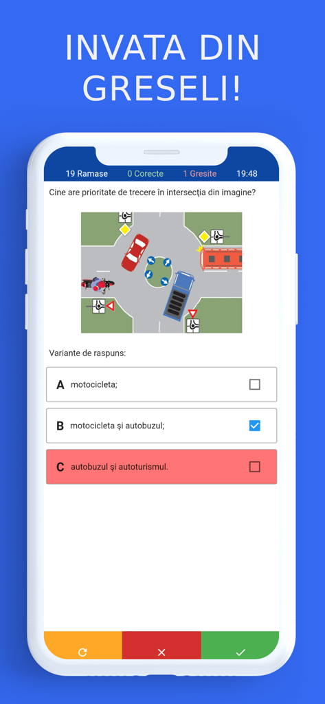 Chestionare auto A, A1, A2, AM - A mobile app interface showing a practice quiz question for a Romanian motorcycle license exam with a traffic intersection diagram and multiple choice answers.