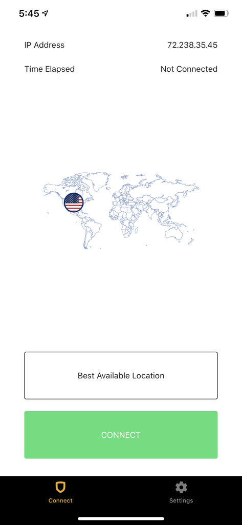 StrongVPN mobile app interface showing a world map and a green connect button