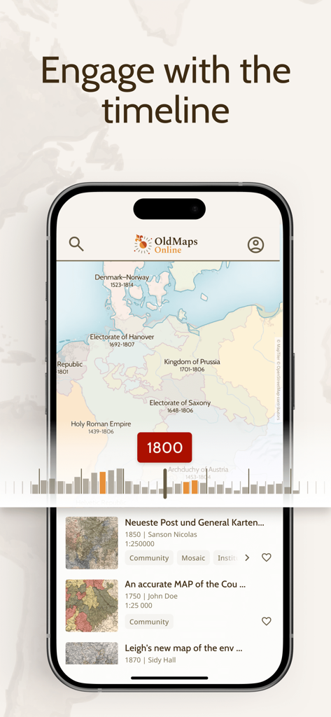 Die Benutzeroberfläche der OldMapsOnline-App zeigt eine historische Karte von Europa aus dem Jahr 1800 mit einem interaktiven Zeitachsen-Schieberegler.