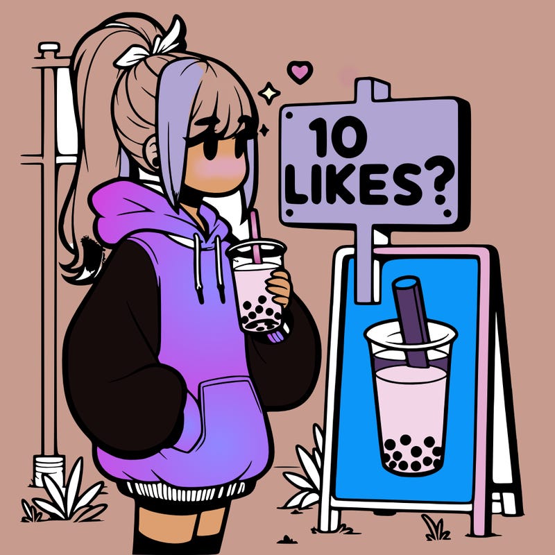 girl with oversized hoodie drinking boba and she has a high ponytail with a sign that says 10likes?