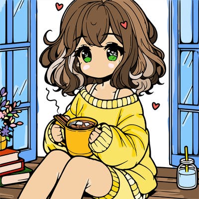 cute anime girl reading book and drinking hot chocolate from mug with loose wavy hair wearing a baggy sweatshirt and shorts sitting by windowsill looking out