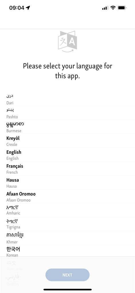 Language selection screen in the VOA app displaying various language options like English French and Amharic