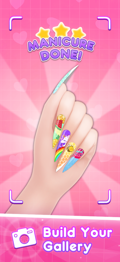 Girls Nail Salon - Nail Games - A hand showing a completed manicure with colorful nail art designs including unicorns and rainbows