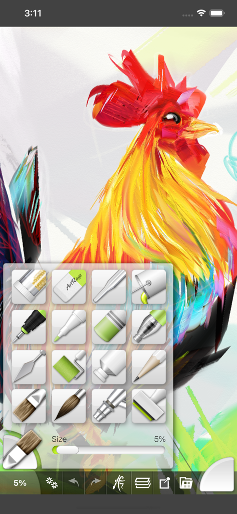 ArtRage Vitae Mobile Painting - Digital painting of a colorful rooster with tool selection menu in ArtRage Vitae